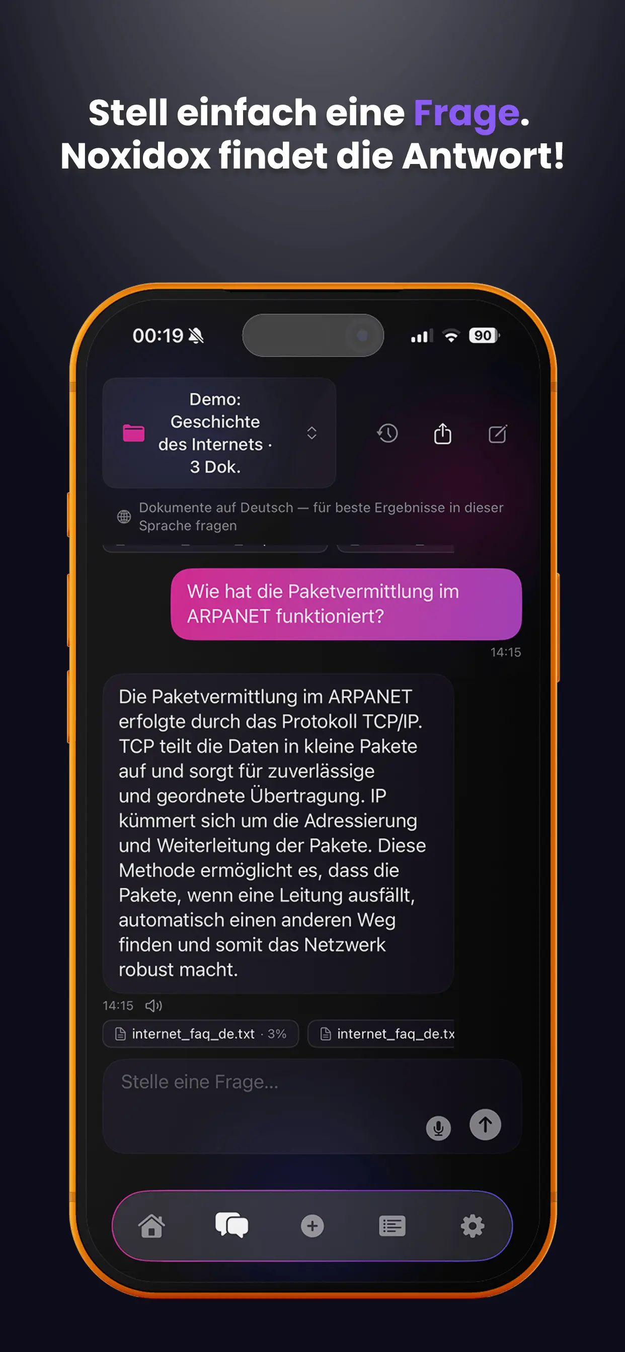 Chat mit Frage in natürlicher Sprache und quellenbasierter Antwort