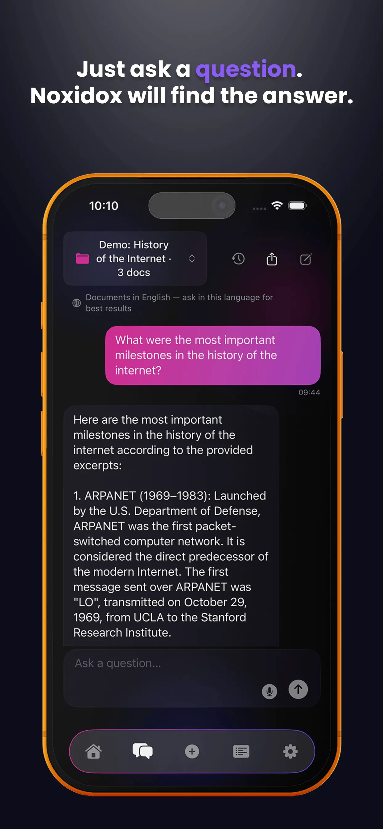 Chat with a natural-language question and a source-backed answer